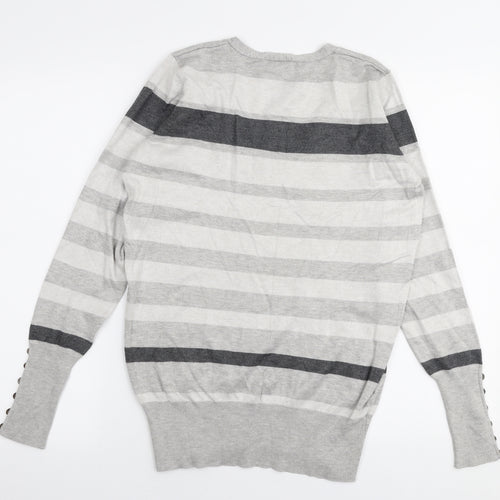 Papaya Womens Grey V-Neck Striped Polyester Pullover Jumper Size 14