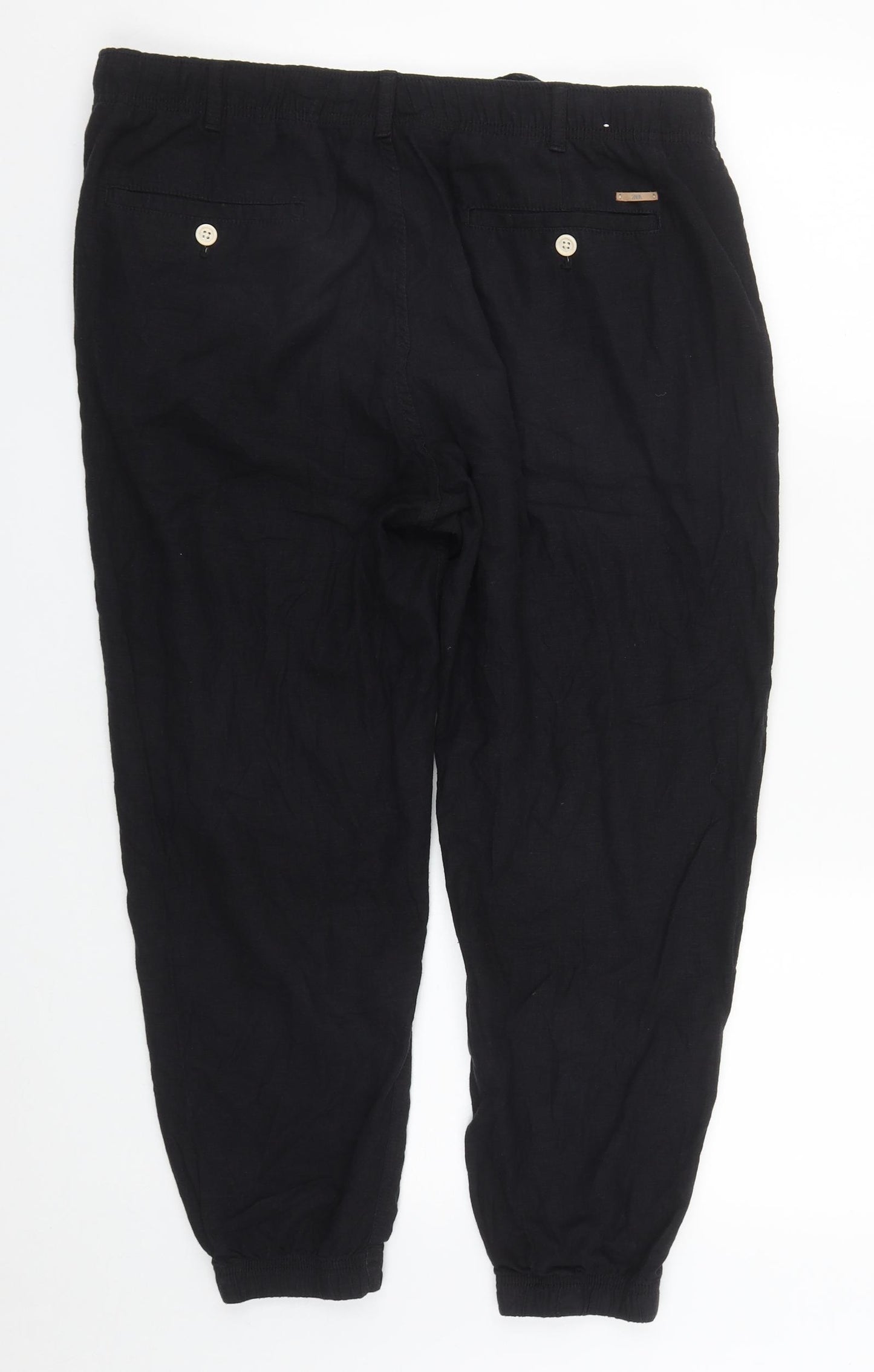 Zara Womens Black  Linen Jogger Trousers Size L L24 in Regular Zip