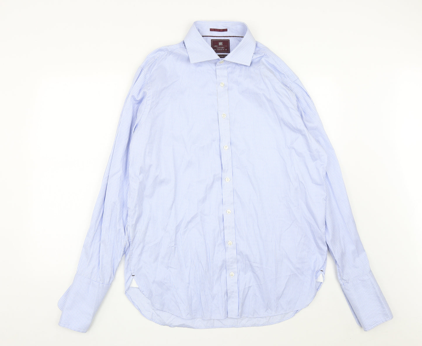 Marks and Spencer Mens Blue Plaid Cotton  Button-Up Size 16.5 Collared Button