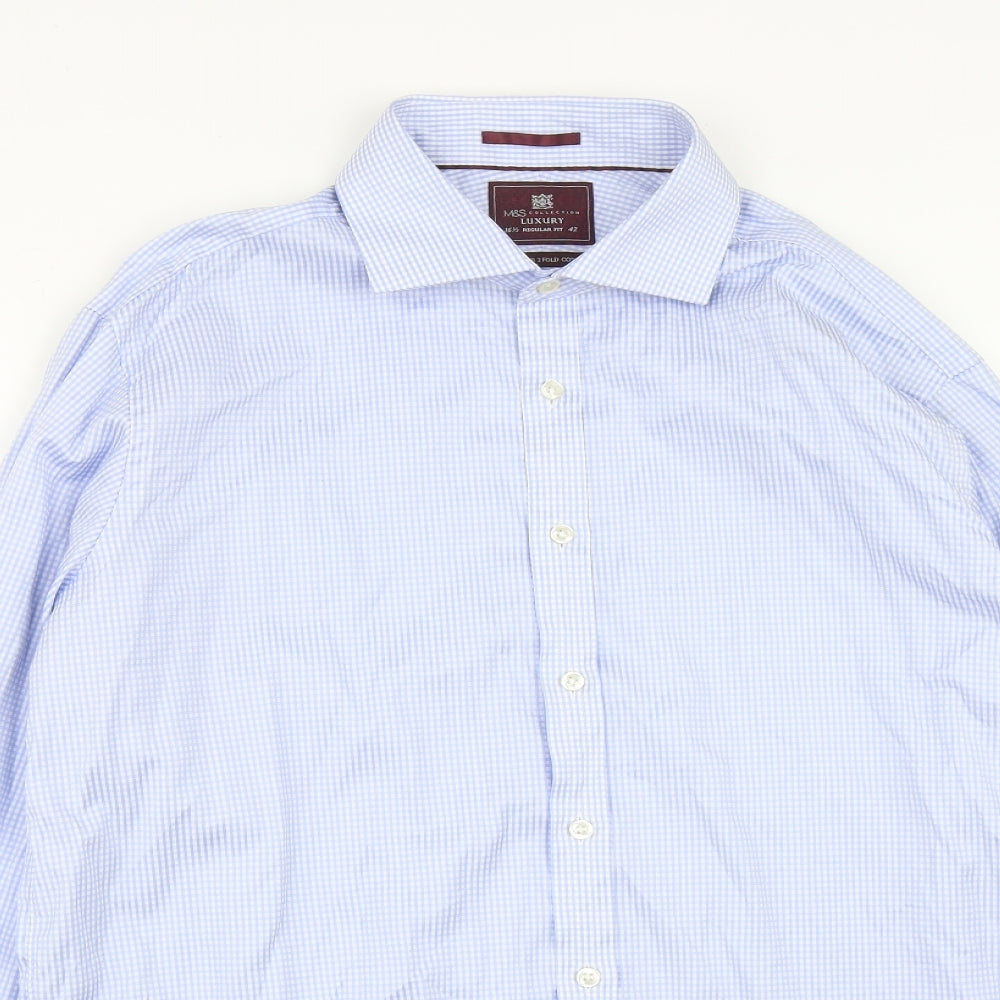 Marks and Spencer Mens Blue Plaid Cotton  Button-Up Size 16.5 Collared Button