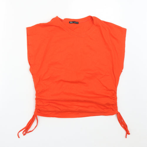 Zara Womens Orange  Cotton Cropped T-Shirt Size M Round Neck