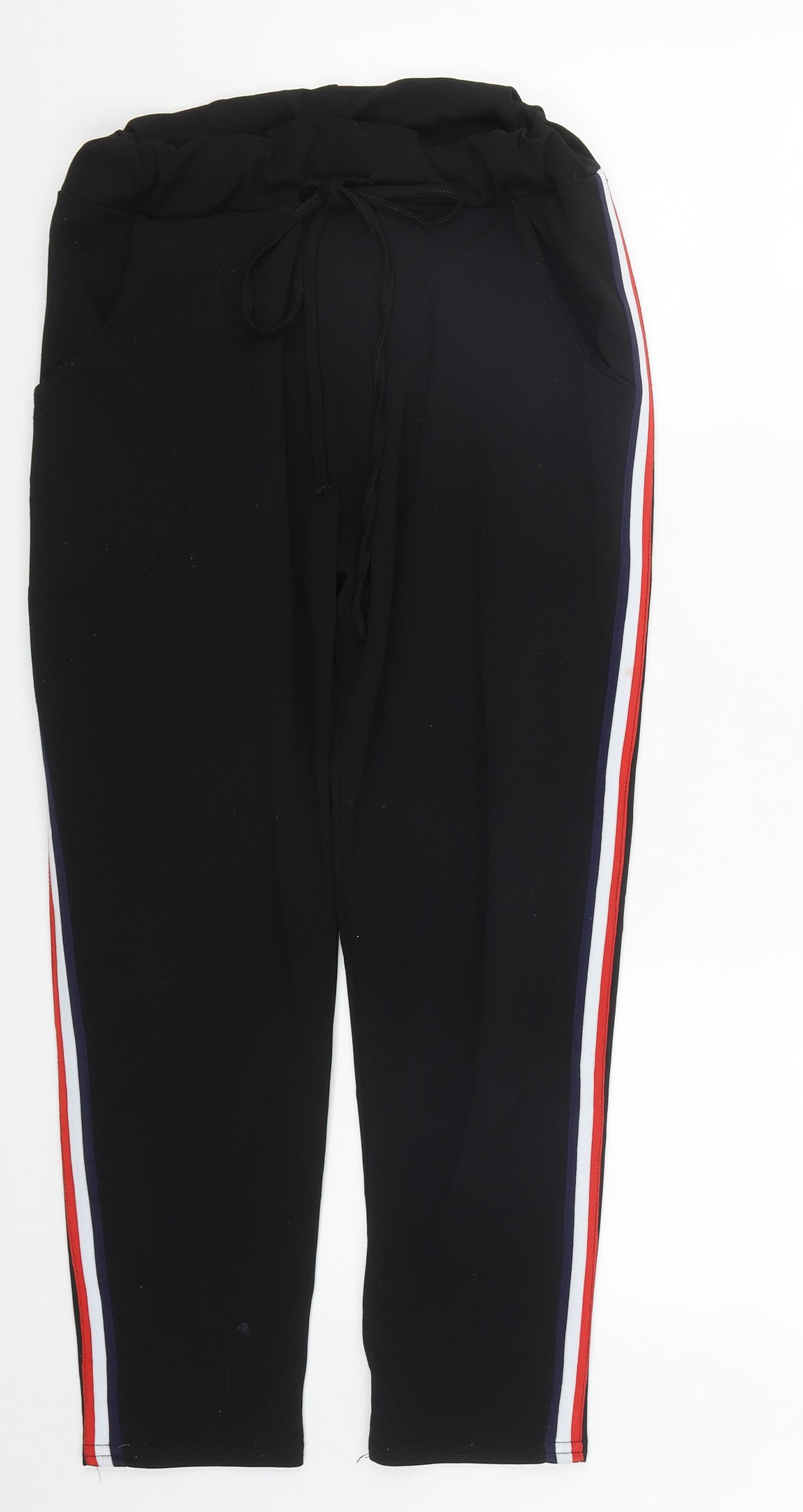 Preworn Womens Black Striped Polyester Cropped Trousers Size S L24 in Regular Drawstring