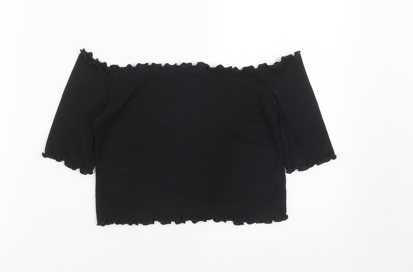 PRETTYLITTLETHING Womens Black  Polyester Cropped T-Shirt Size 10 Off the Shoulder