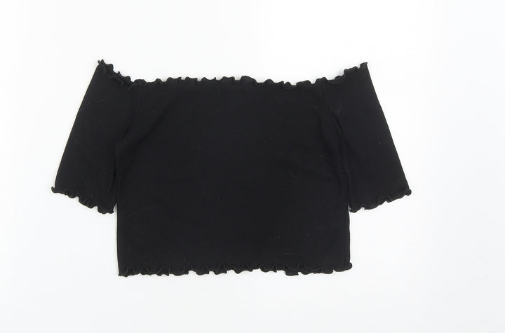 PRETTYLITTLETHING Womens Black  Polyester Cropped T-Shirt Size 10 Off the Shoulder