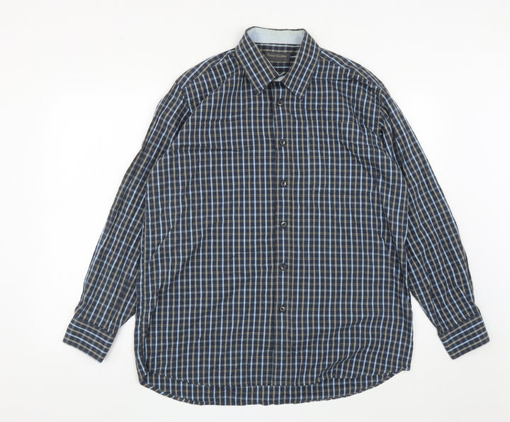 Peter Gribby Mens Blue Plaid Cotton  Button-Up Size L Collared Button