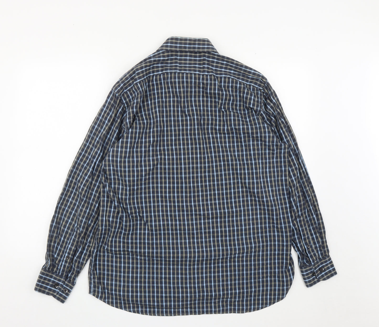 Peter Gribby Mens Blue Plaid Cotton  Button-Up Size L Collared Button