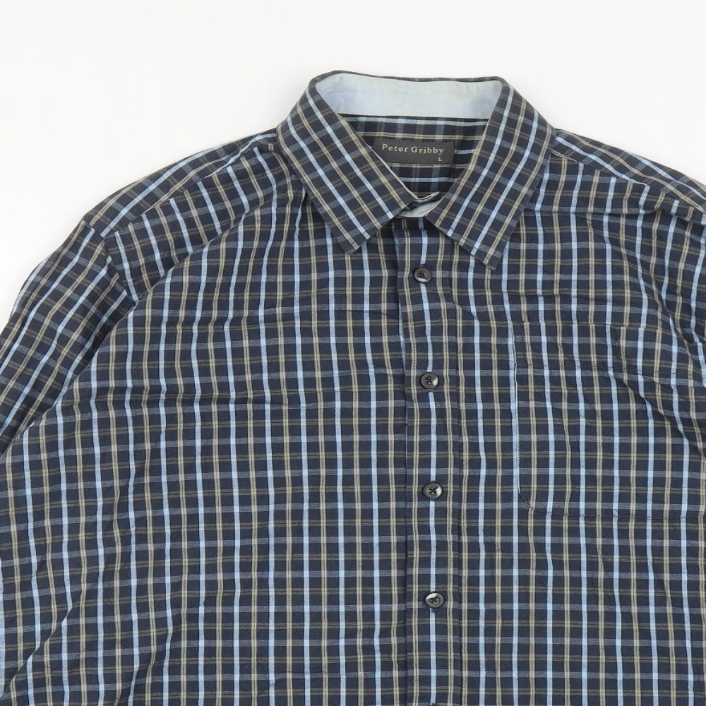 Peter Gribby Mens Blue Plaid Cotton  Button-Up Size L Collared Button
