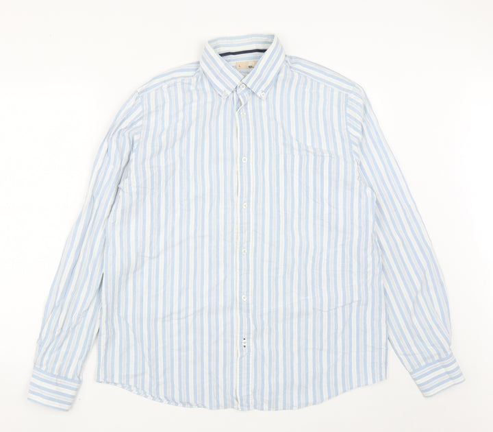 John Lewis Mens Blue Striped Cotton Button-Up Size L Collared Buckle