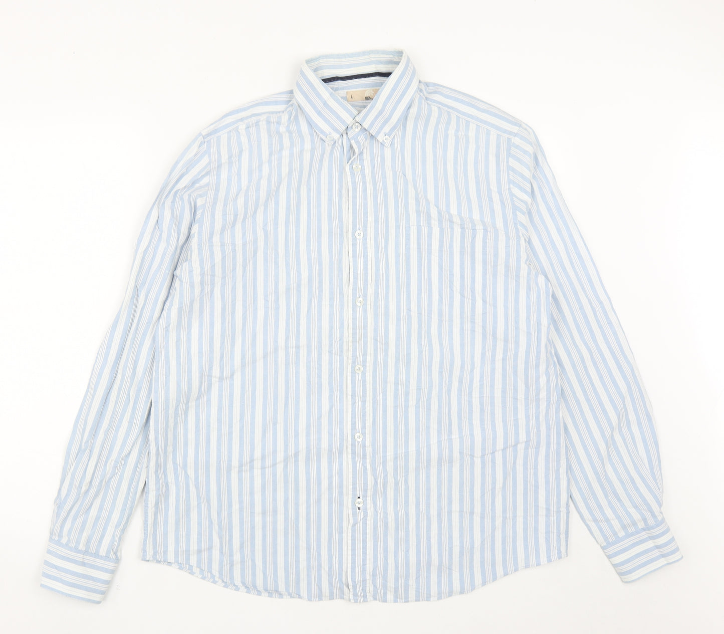 John Lewis Mens Blue Striped Cotton  Button-Up Size L Collared Buckle