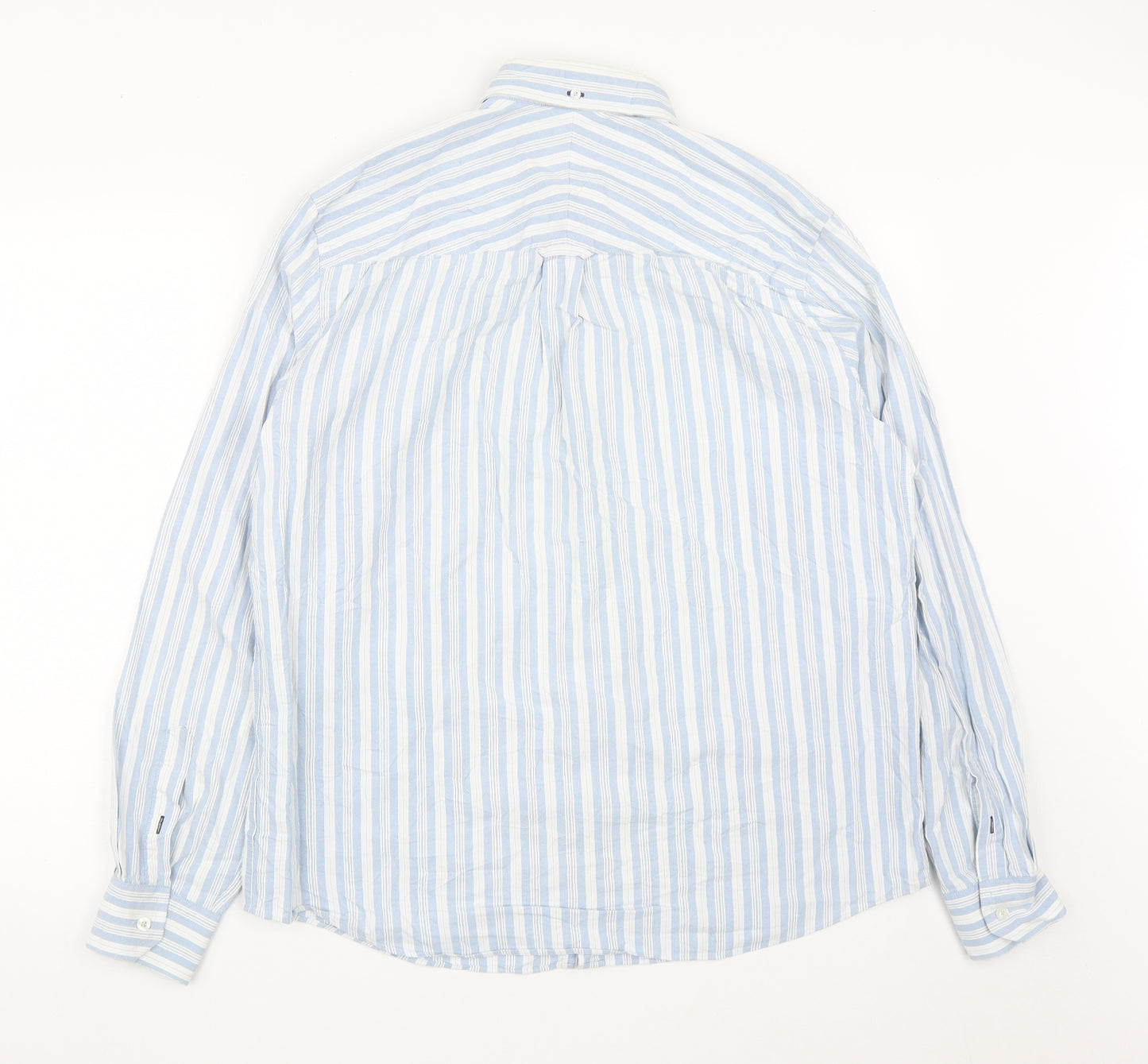 John Lewis Mens Blue Striped Cotton  Button-Up Size L Collared Buckle