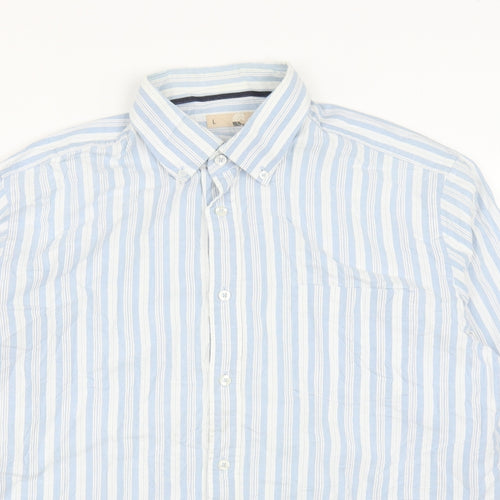John Lewis Mens Blue Striped Cotton  Button-Up Size L Collared Buckle
