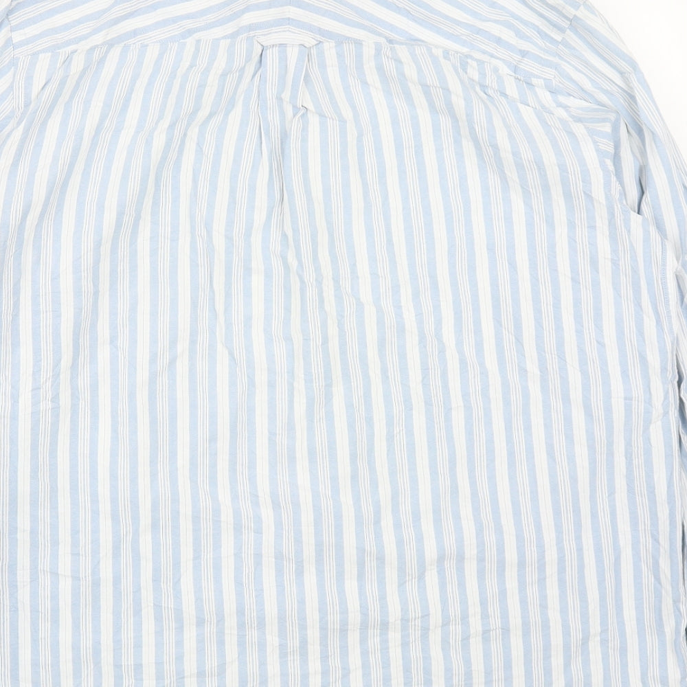John Lewis Mens Blue Striped Cotton  Button-Up Size L Collared Buckle