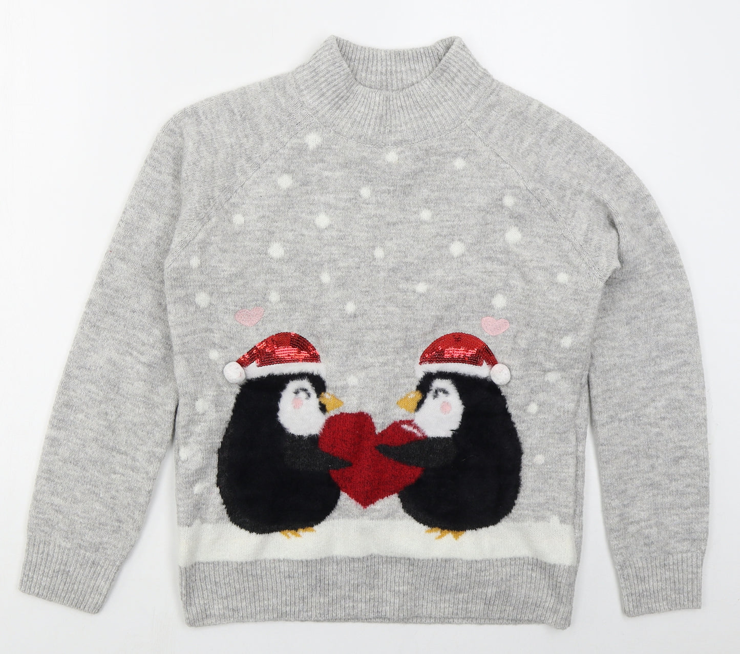 Papaya Womens Grey Mock Neck  Acrylic Pullover Jumper Size 12   - Penguins