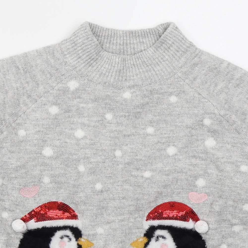 Papaya Womens Grey Mock Neck  Acrylic Pullover Jumper Size 12   - Penguins