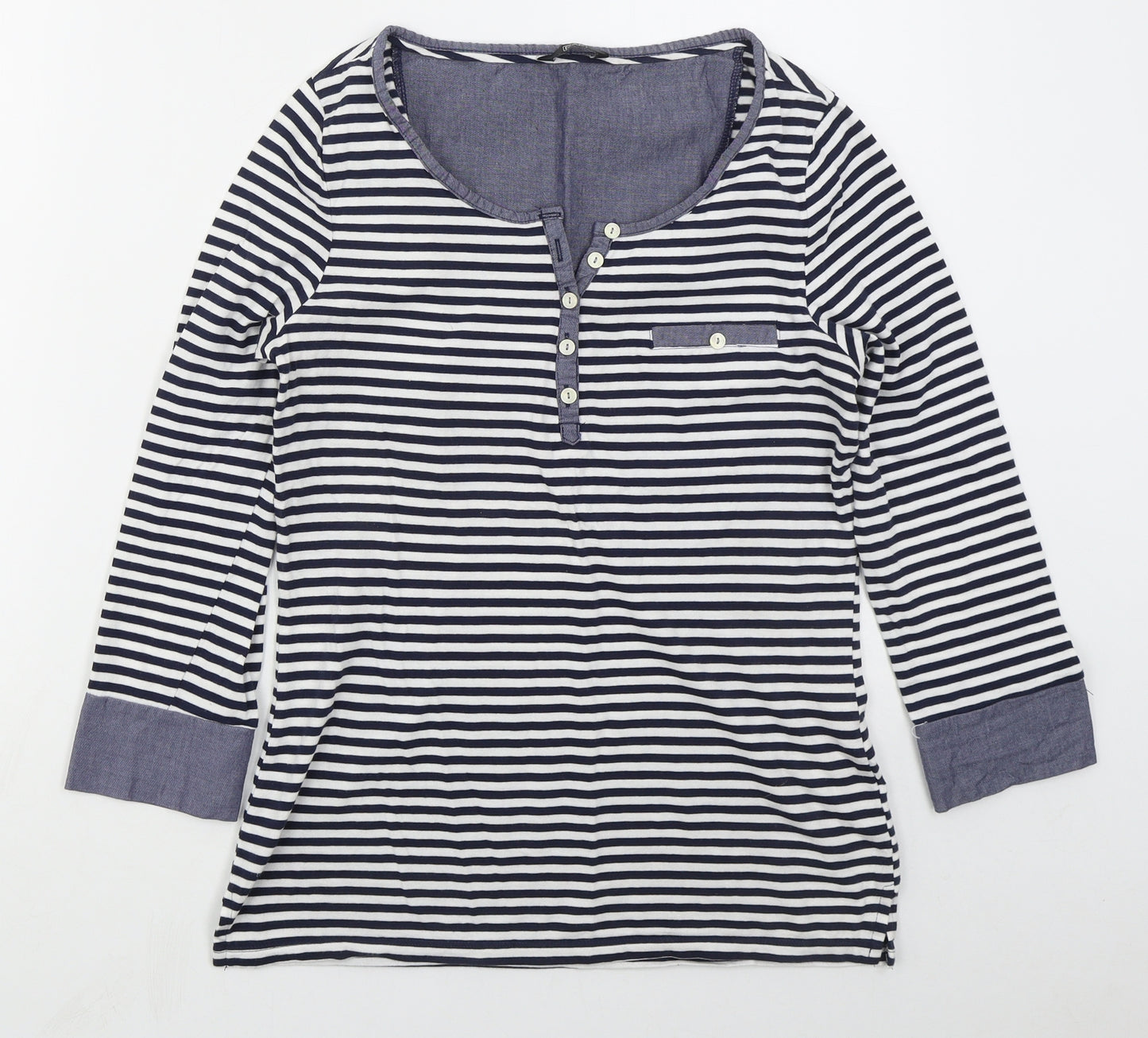 F&F Womens Blue Striped Cotton Basic T-Shirt Size 10 Henley
