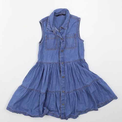 George Girls Blue  Cotton Skater Dress  Size 6-7 Years  Collared Button