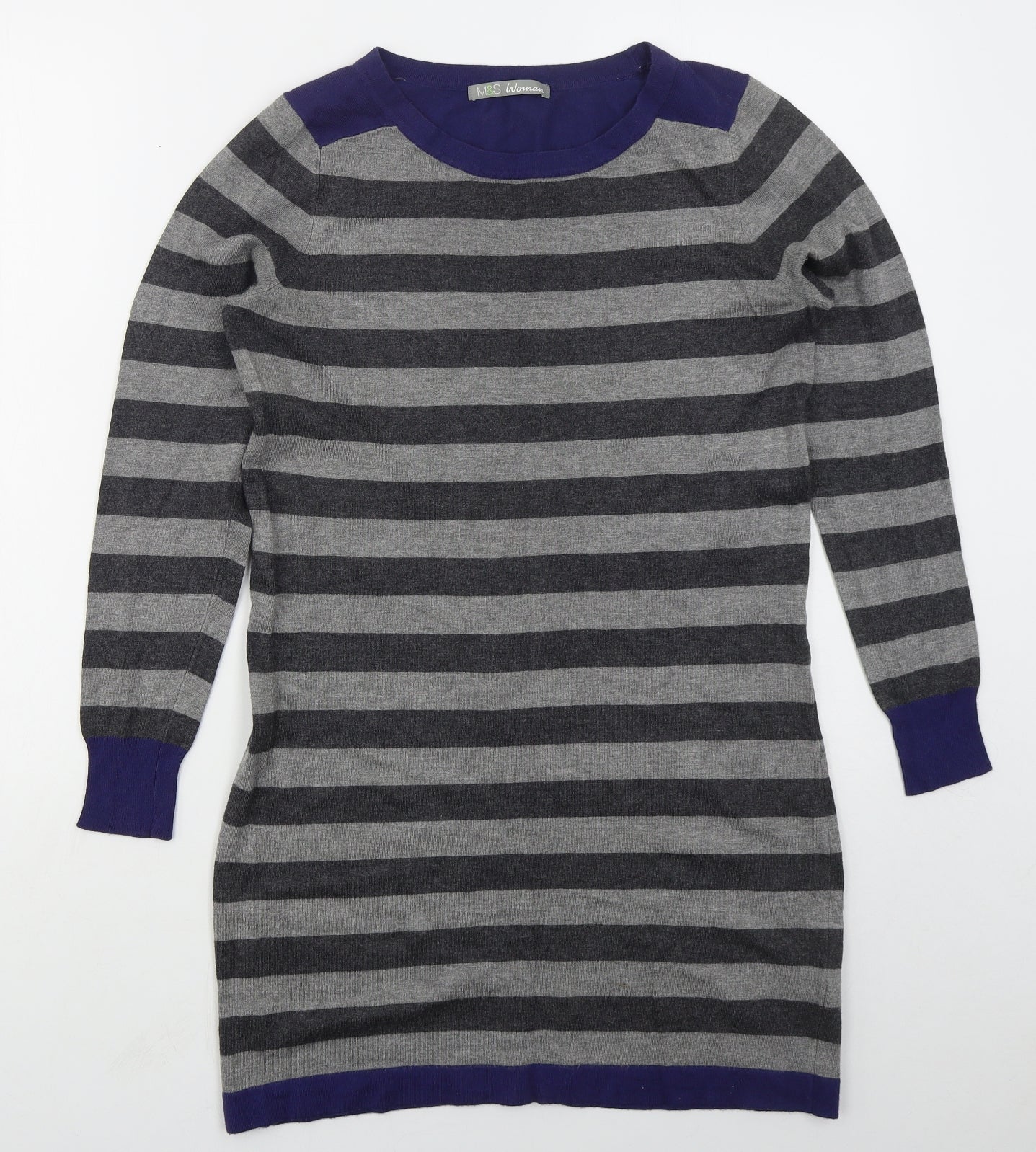 Marks and Spencer Womens Grey Striped Viscose Jumper Dress  Size 10  Round Neck Pullover