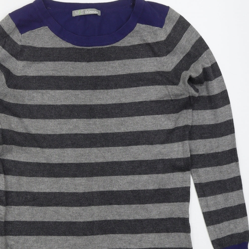 Marks and Spencer Womens Grey Striped Viscose Jumper Dress  Size 10  Round Neck Pullover