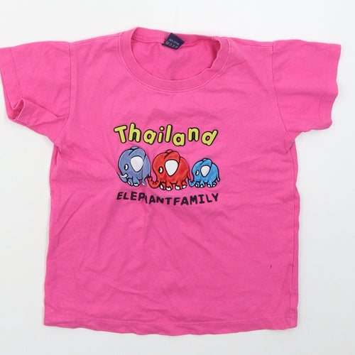 D Girls Pink  Cotton Basic T-Shirt Size M Crew Neck Pullover - Thailand Elephant Family