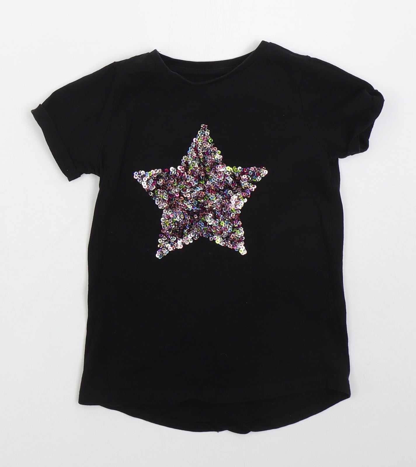 Nutmeg Girls Black  Cotton Basic T-Shirt Size 6-7 Years Crew Neck Pullover - Star