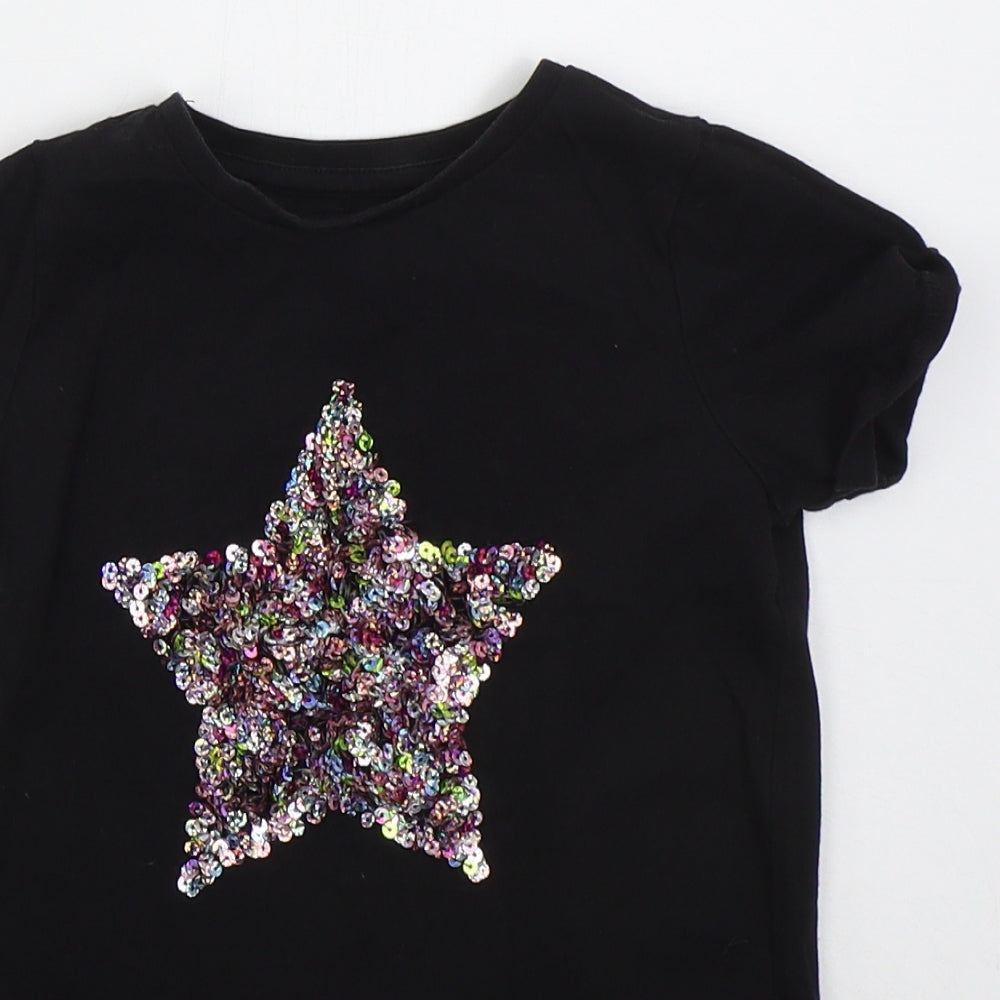 Nutmeg Girls Black  Cotton Basic T-Shirt Size 6-7 Years Crew Neck Pullover - Star