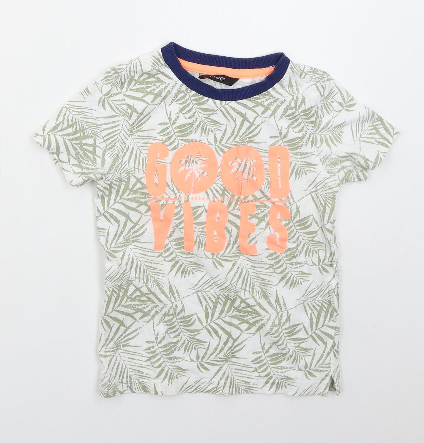 George Boys Green Floral Cotton Basic T-Shirt Size 4-5 Years Crew Neck Pullover - Good Vibes