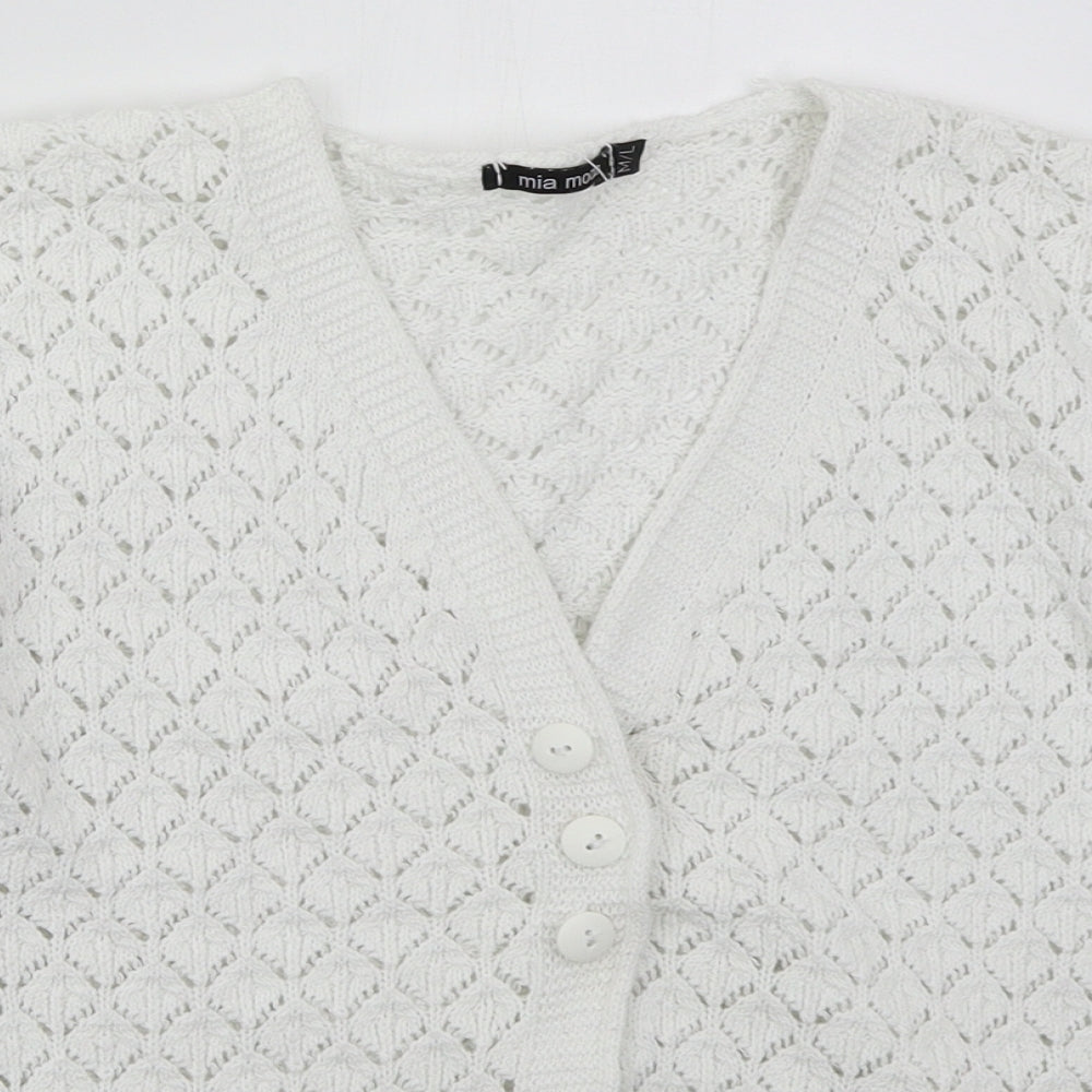 Mia Moda Womens White V-Neck  Cotton Cardigan Jumper Size M