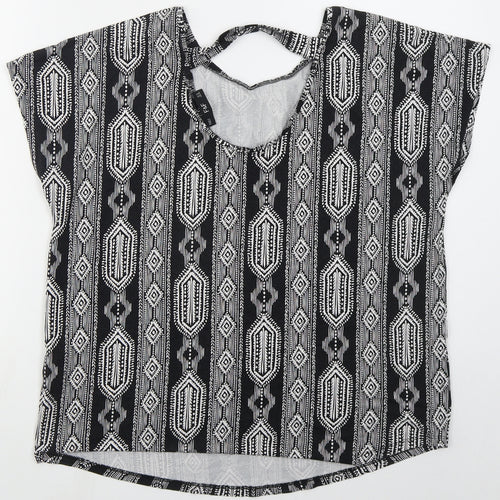 F&F Womens Black Geometric Viscose Basic T-Shirt Size 14 Round Neck