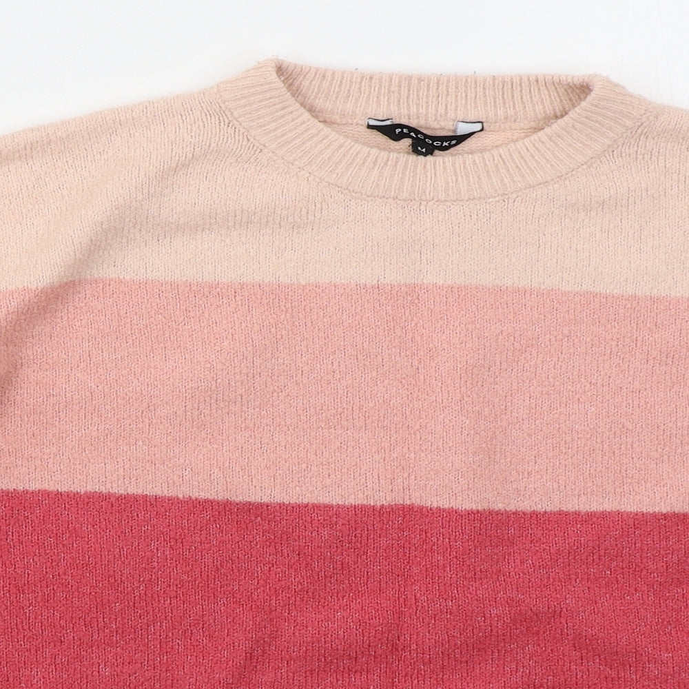 Peacocks Womens Pink Crew Neck Striped Acrylic Pullover Jumper Size M