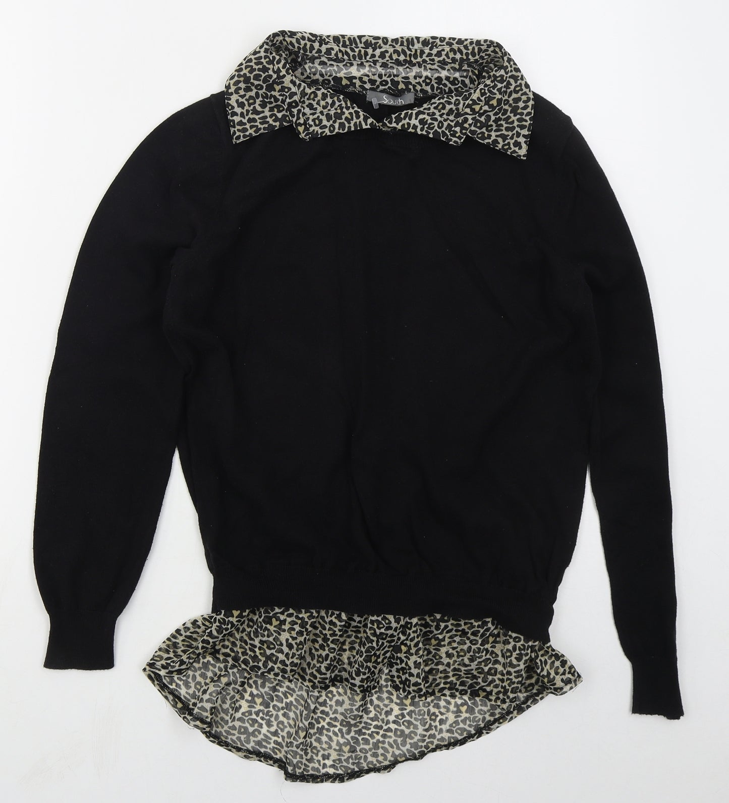 South Womens Black Collared Animal Print Cotton Pullover Jumper Size 14