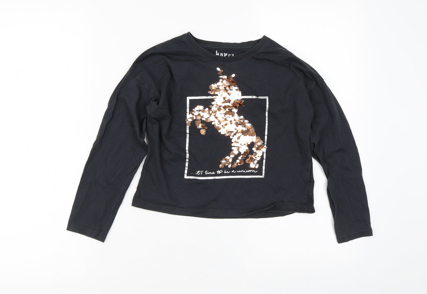 F&F Girls Black  100% Cotton Pullover Casual Size 8-9 Years Crew Neck  - Unicorn