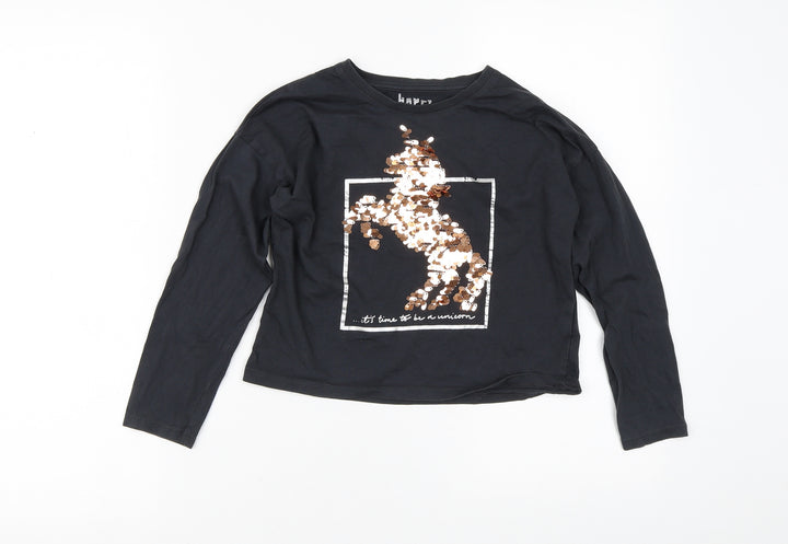 F&F Girls Black  100% Cotton Pullover Casual Size 8-9 Years Crew Neck  - Unicorn