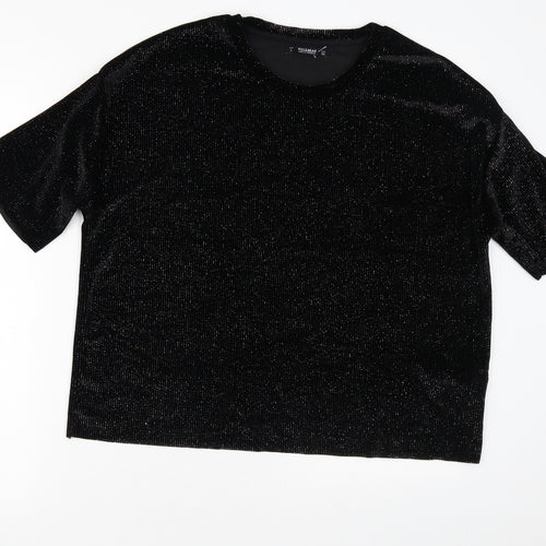 Pull&Bear Womens Black Striped Polyester Basic T-Shirt Size L Crew Neck