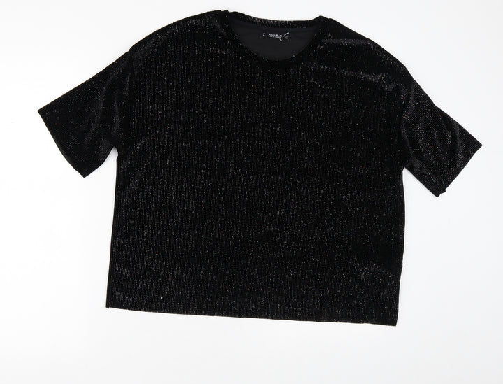 Pull&Bear Womens Black Striped Polyester Basic T-Shirt Size L Crew Neck