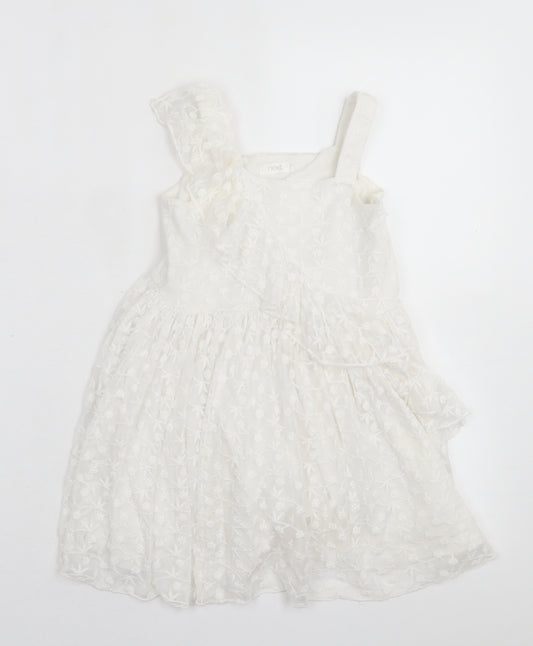 Front view of Next girls’ white floral polyester a-line, size 4, years square neck pullover