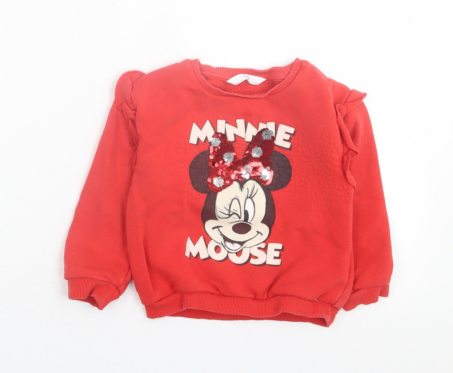Marks and Spencer Girls Red  Cotton Pullover Sweatshirt Size 2-3 Years  Pullover - Minnie Mouse