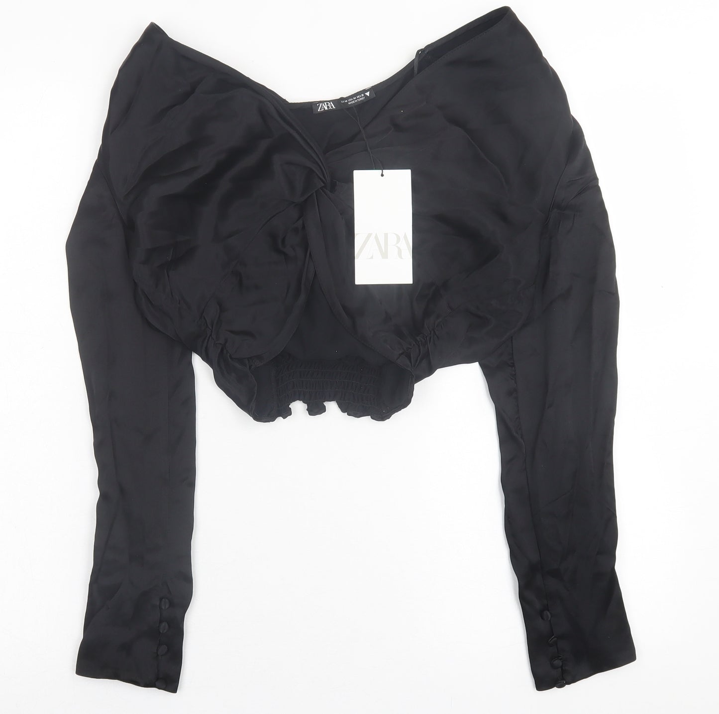 Zara Womens Black  Viscose Cropped Blouse Size M V-Neck