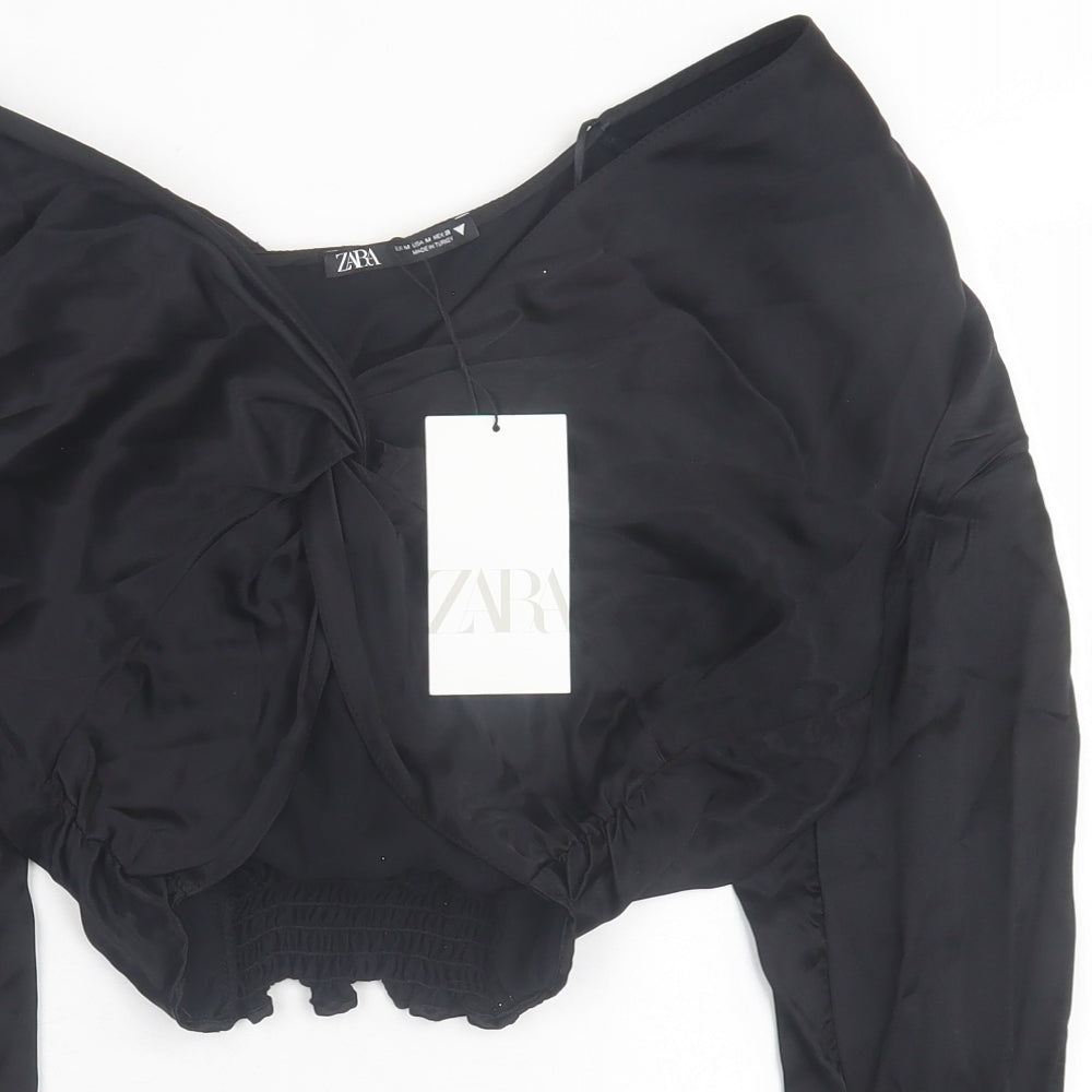 Zara Womens Black  Viscose Cropped Blouse Size M V-Neck