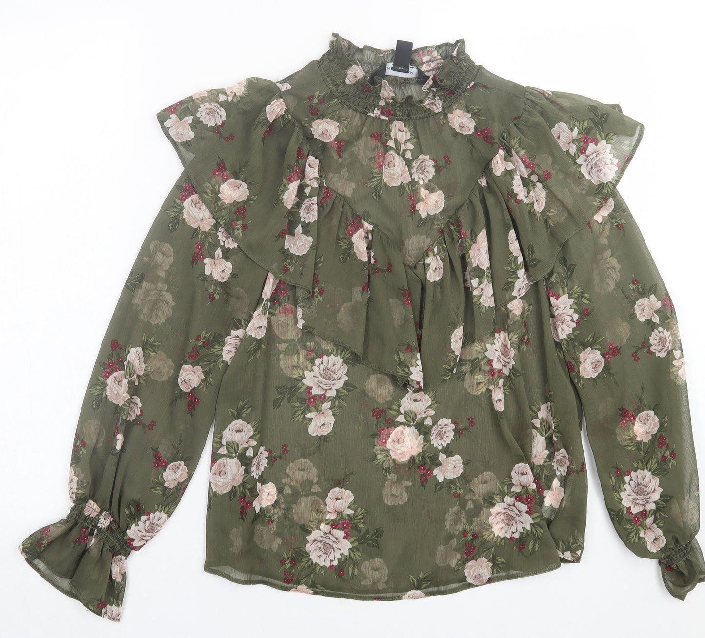 New Look Womens Green Floral Polyester Basic Blouse Size 12 High Neck