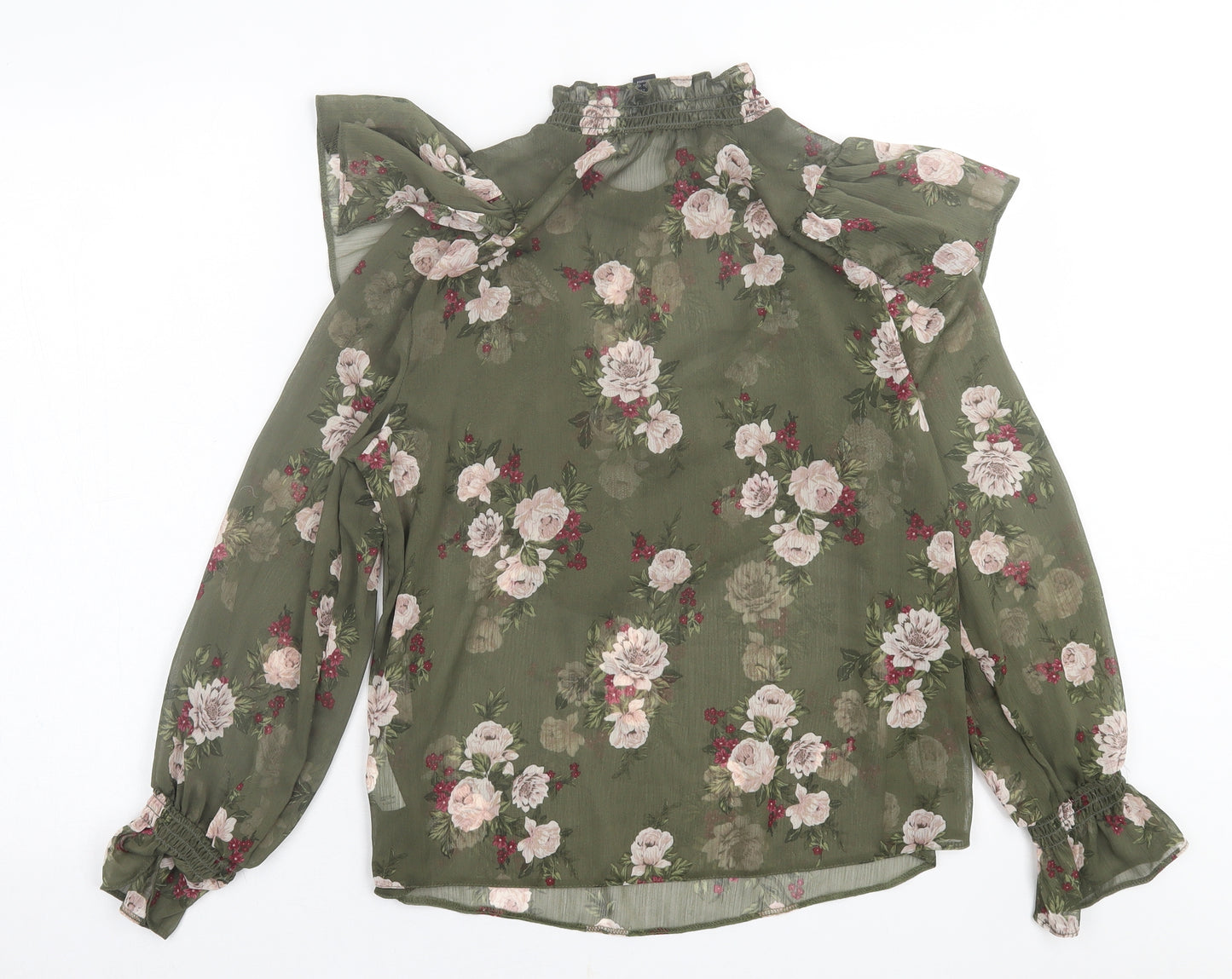 New Look Womens Green Floral Polyester Basic Blouse Size 12 High Neck
