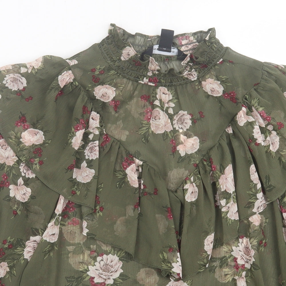 New Look Womens Green Floral Polyester Basic Blouse Size 12 High Neck