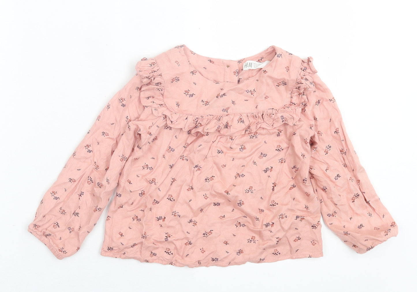 H&M Girls Pink Floral Viscose Basic Blouse Size 4-5 Years Crew Neck Button