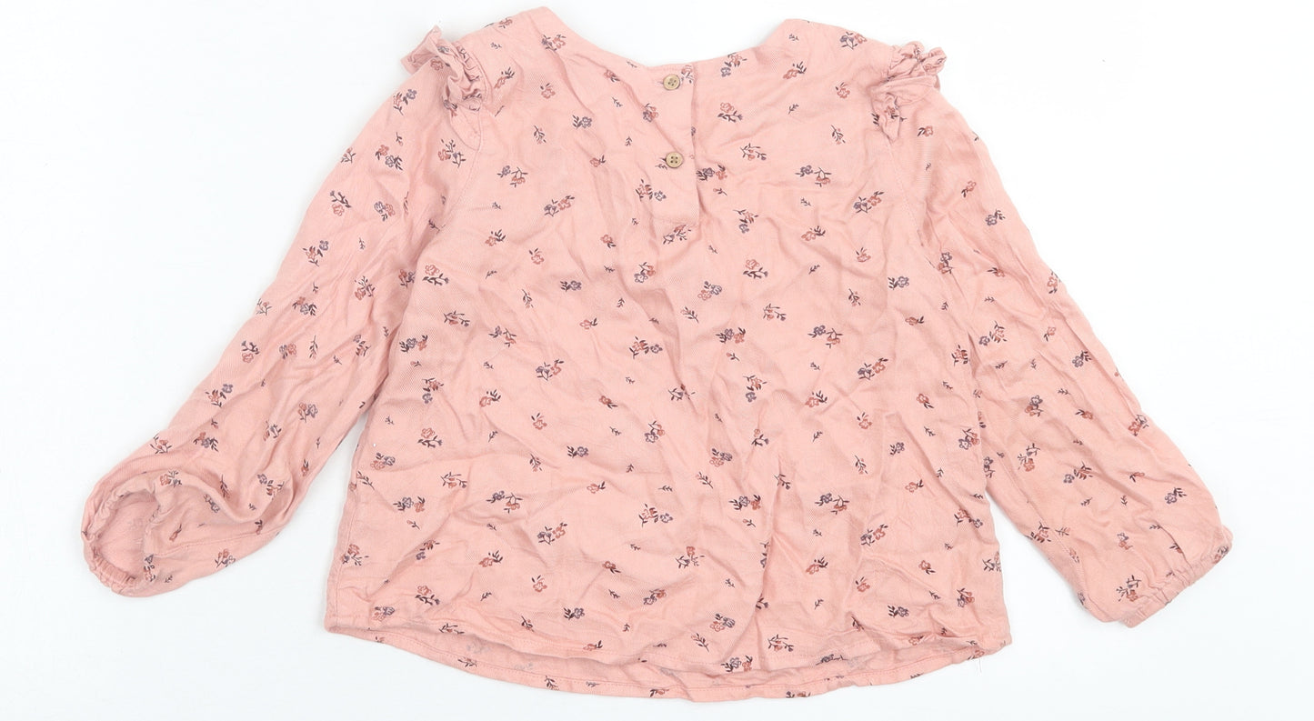 H&M Girls Pink Floral Viscose Basic Blouse Size 4-5 Years Crew Neck Button