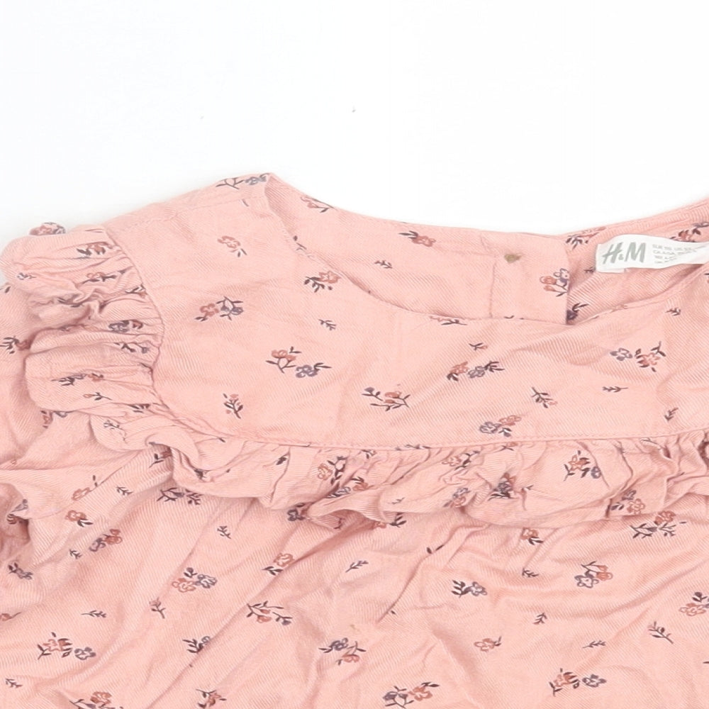 H&M Girls Pink Floral Viscose Basic Blouse Size 4-5 Years Crew Neck Button