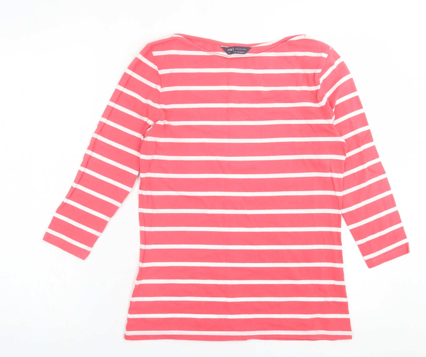 Marks and Spencer Womens Pink Striped Cotton Basic T-Shirt Size 12 Crew Neck