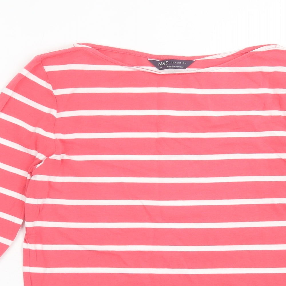 Marks and Spencer Womens Pink Striped Cotton Basic T-Shirt Size 12 Crew Neck