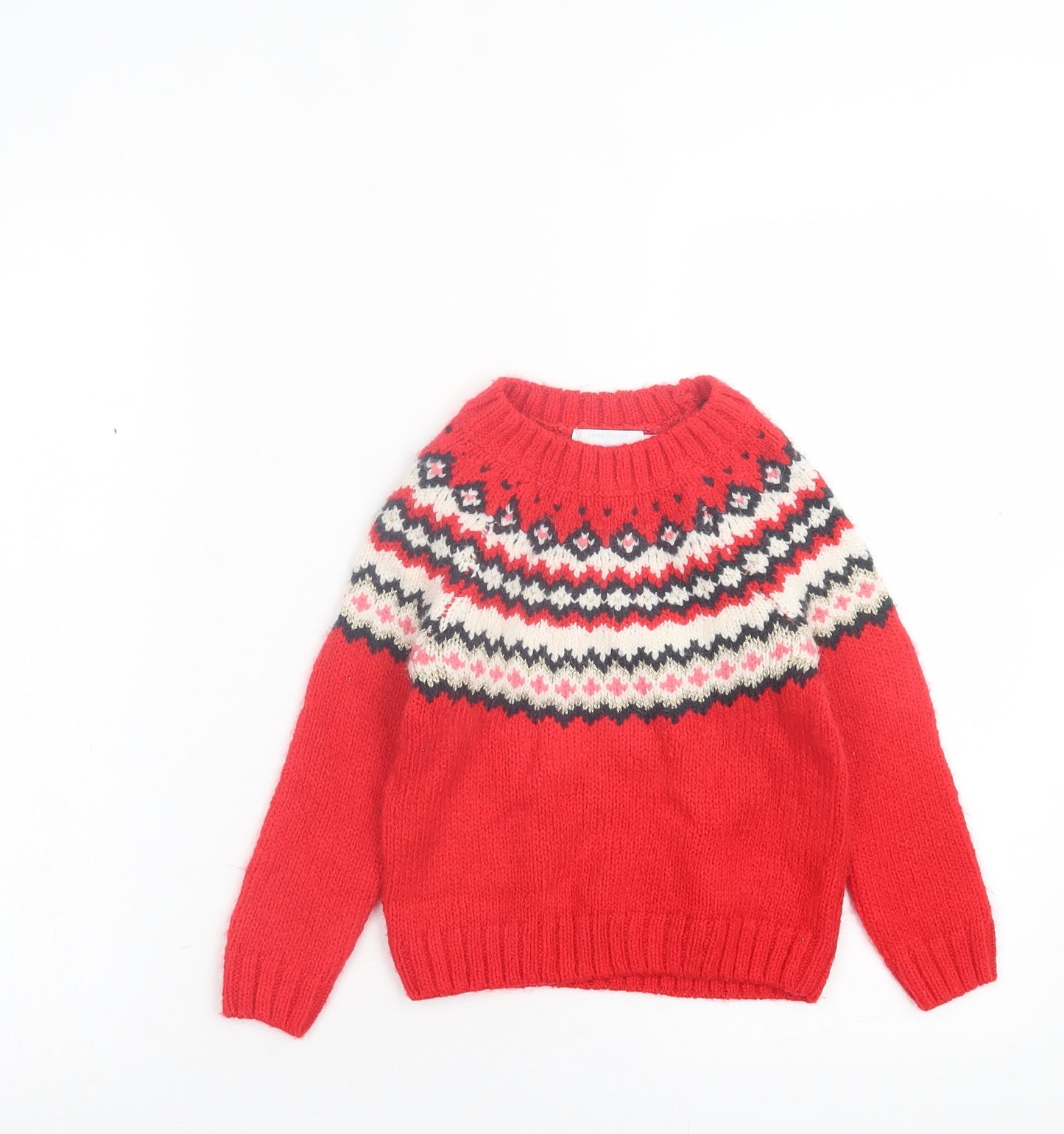 Leigh Tucker Girls Red Crew Neck Geometric Acrylic Pullover Jumper Size 3-4 Years  Pullover
