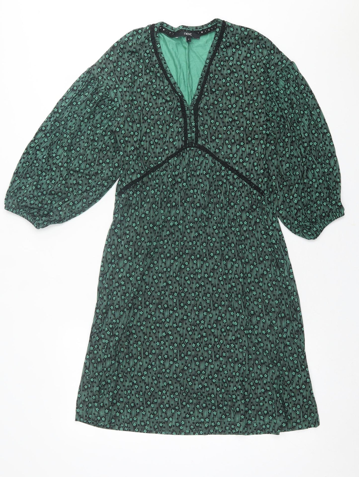 NEXT Womens Green Floral Viscose A-Line  Size 8  V-Neck Pullover