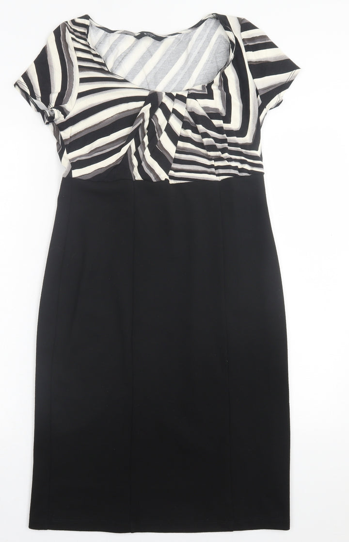 BHS Womens Black Striped Polyester A-Line Size 12 V-Neck Pullover