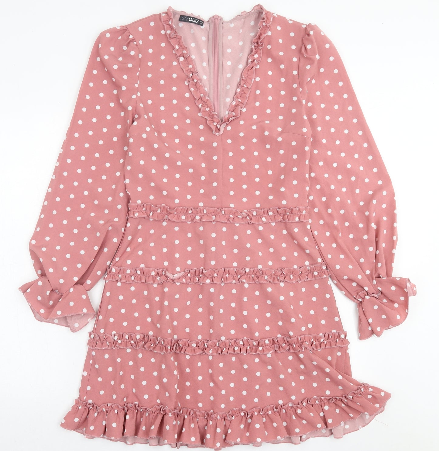 Quiz Womens Pink Polka Dot Polyester A-Line  Size 10  V-Neck Zip